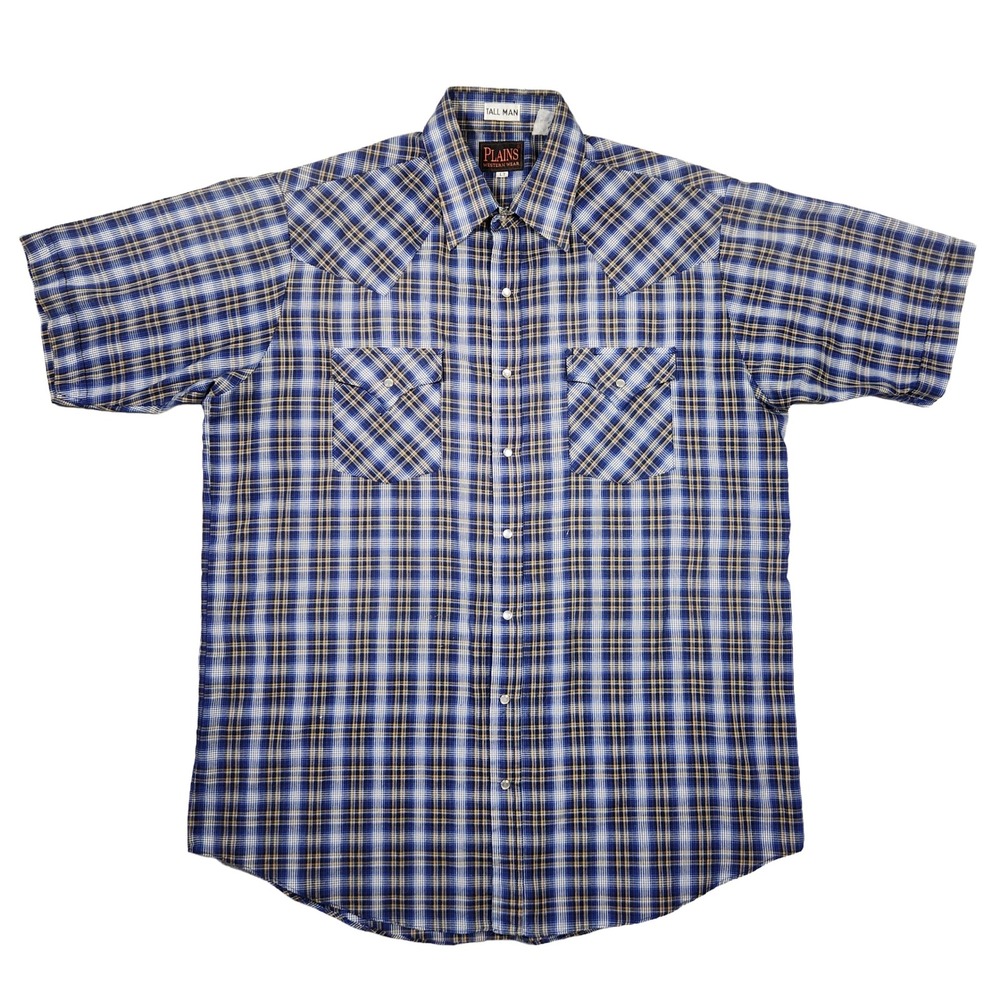 Plains Western Wear Plaid Shirt Mens L Tall Short Sleeve Cowboy 90s Country Vtg